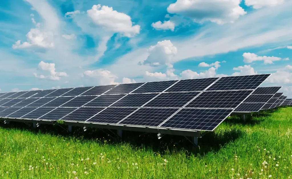 Napelem pályázatból is megvalósítható napelemek egy zöld rét közepén.