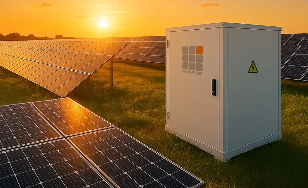 Naperengia: egy zöld réten egy fehér energiatároló NEWERGIES logóval, valamint több napelem található.