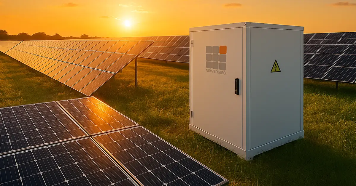 Naperengia: egy zöld réten egy fehér energiatároló NEWERGIES logóval, valamint több napelem található.