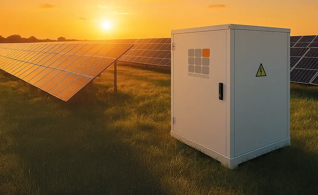 Naperengia: egy zöld réten egy fehér energiatároló NEWERGIES logóval, valamint több napelem található.