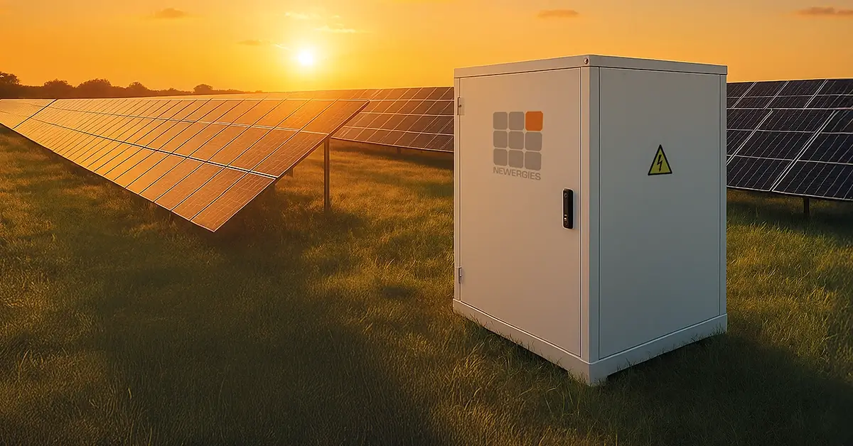 Naperengia: egy zöld réten egy fehér energiatároló NEWERGIES logóval, valamint több napelem található.